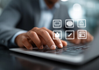 Businessman using laptop with virtual user guide icon, representing online instruction manual, business support, strategy advice, and digital service guidance tools.