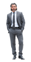 Corporate-style male figure dressed in business attire, walking with relaxed body language and positive energy. Clean white background