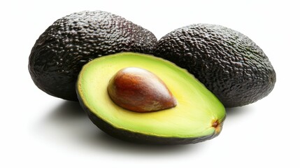 photo of avocado cut in half, white background 