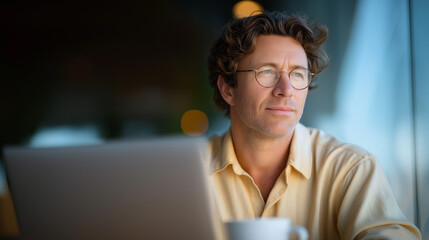 Productive Man Working at Café with Laptop and Coffee