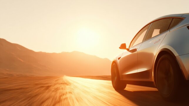 A modern silver car driving on a road through desert mountains at sunset - Powered by Adobe