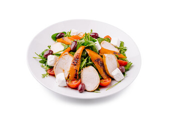 Grilled chicken salad with fresh vegetables and feta cheese served in a bowl