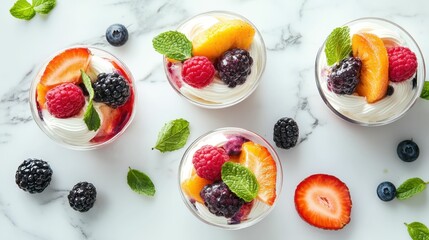 Refreshing summer fruit desserts on a marble table, vibrant colors, overhead shot, appetizing and fresh mood 