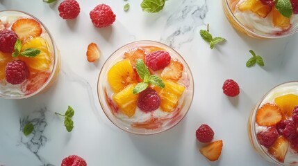 Refreshing summer fruit desserts on a marble table, vibrant colors, overhead shot, appetizing and fresh mood 