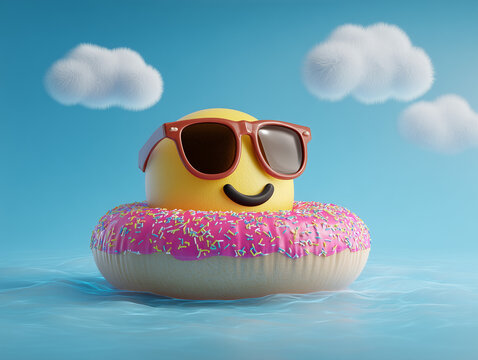 Sunglass emoji lounging on donut float