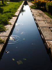 A tranquil garden scene featuring a narrow waterway reflecting the sky, with gentle ripples and lush green surroundings.