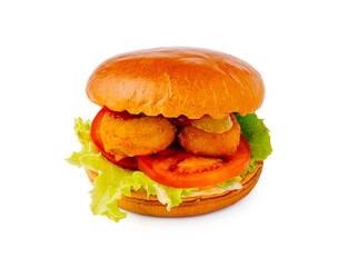 Delicious burger with crispy filling and fresh vegetables on a soft bun