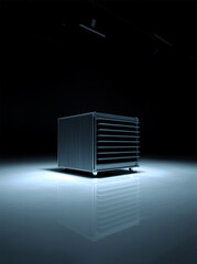 A sleek, metallic cube in a dramatic, low-light environment, showcasing modern design and minimalism.