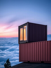 A modern architectural design featuring shipping containers set against a stunning sunset over cloud cover.