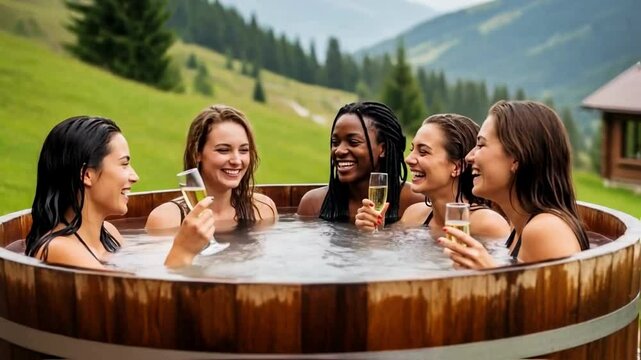Happy multicultural female friends laughing with champagne in a wooden hot tub in the mountains, representing friendship, celebration, bachelorette party, wellness retreat and luxury spa tourism