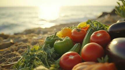 vegetables, there are tomatoes, zucchini, bell pepper, eggplant and watermelon, editorial photo style advertising, good lighting