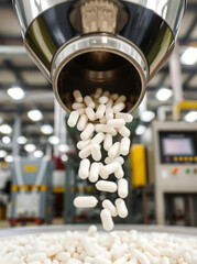 A close-up view of pharmaceutical capsules being dispensed from a production machine in a modern factory setting.