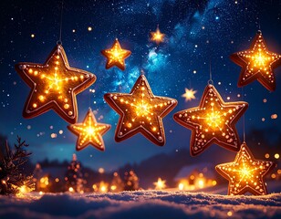 Generated image: Glowing Gingerbread Star Ornaments in Winter Night