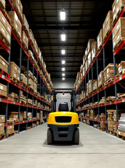 A bright yellow forklift navigating through a well-organized warehouse filled with packed boxes on shelves.
