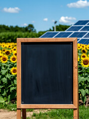 A blank chalkboard in front of a vibrant sunflower field, with solar panels in the background under a clear blue sky.