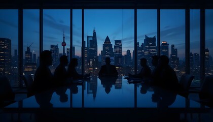 Corporate meeting silhouette skyline night cityscape strategy business discussion team