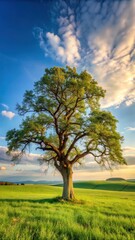 Fototapeta premium A weathered walnut tree stands alone on a serene meadow in Slovakia