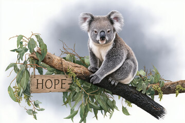 Koala Sitting on Eucalyptus Branch with Hope Message