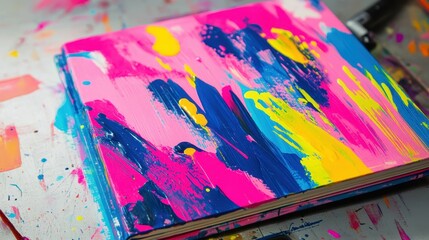 Obraz premium Bold and vibrant sketchbook cover, abstract paint splashes in neon pink, electric blue, and bright yellow, 