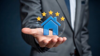 A property rating concept featuring a man's hand holding a house icon with five stars representing excellent quality, highlighting real estate and housing expertise with a rating symbol.
