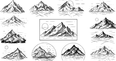 set of Mountain line art background, Black and white landscape wallpaper design for cover, invitation background, packaging design, wall art and print. Vector illustration.
on white background