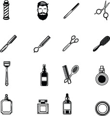  Barbershop Tools & Grooming Essentials Icon Set: Professional Male Hair Care Silhouettes