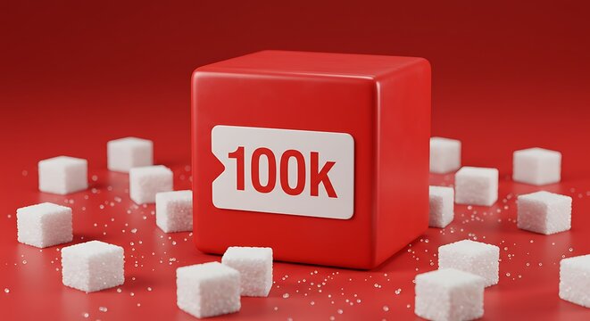 Red cube with 100k text surrounded by sugar cubes