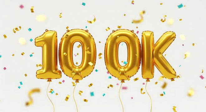 Gold 100k balloons with confetti celebration - Powered by Adobe