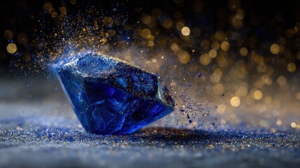 Closeup of a blue crystal with gold dust and bokeh effects