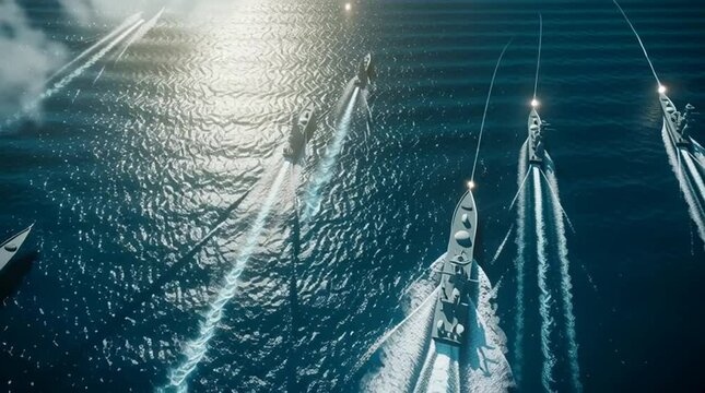 High-tension military standoff with modern warships aligned across open ocean