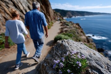 Naklejka premium A couple enjoying a peaceful walk along a beautiful coastal trail, surrounded by rocks and colorful flowers, evoking feelings of love, joy, and connection with nature.