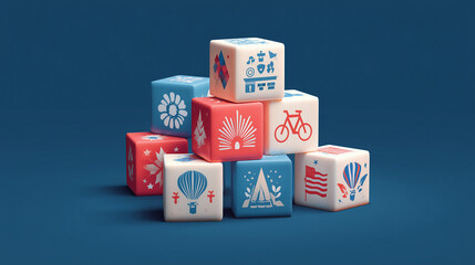 Flat cubes with icons representing July events