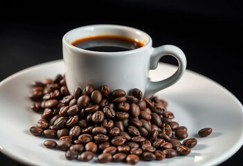 Fototapeta premium White coffee cup on saucer, coffee beans and grounds cascade artistically on dark background, coffee shop, beverage