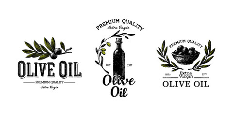 Olive oil. Premium quality. Set of vintage olive oil logos. Vector illustration