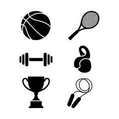 Symbolic Sports: Illustrative elements of basketball, tennis, weightlifting, boxing, fitness, and awards in a simple illustration of sport.