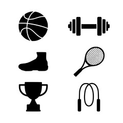 Sport Equipment Icons: A set of six monochrome icons depicting various sports equipment including a basketball, dumbbell, athletic shoe, tennis racquet, trophy cup and jump rope.