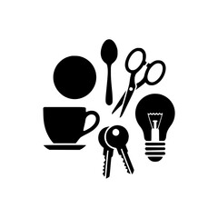 Silhouette of Everyday Objects: A graphic image displays a simple, yet evocative composition of everyday objects in bold black silhouettes, inviting curiosity and imaginative interpretation.