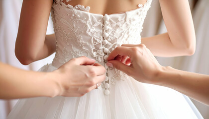 Bride getting dressed with wedding dress.