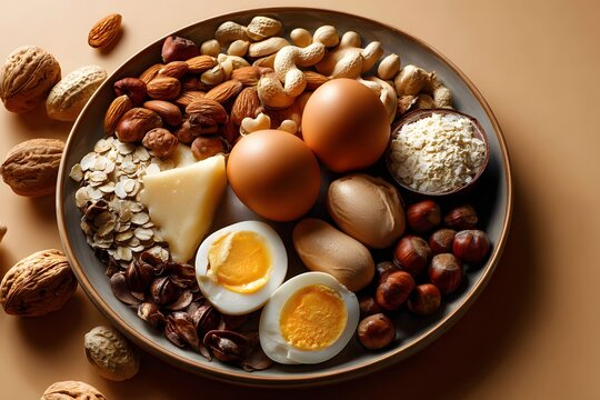 Assorted Food Allergens with Eggs Nuts Dairy and Gluten on Rustic Ceramic Plate perfect for nutrition posters, allergy awareness campaigns and medical blog illustrations