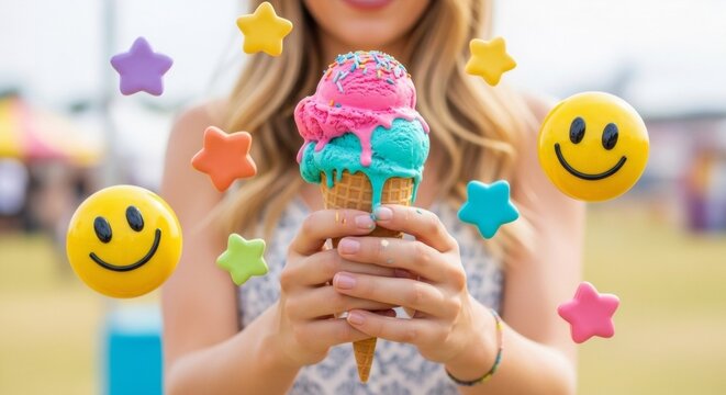 Woman holds colorful ice cream with floating stars and smiles - Powered by Adobe