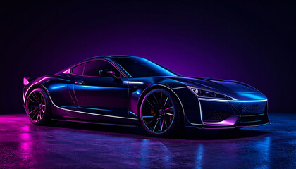 Neon Sports Car on Elegant Dark Background for Futuristic High Tech Automotive Design Modern Luxury Racing Vehicle or Stylish Night Drive Concept