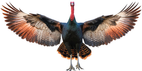 Wild turkey displaying wings spread wide isolated on a transparent background bird