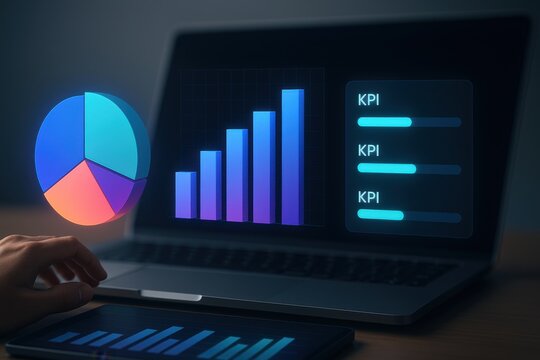 Digital KPI Dashboard with 3D Pie and Bar Charts for Business Performance Analytics on Laptop Interface