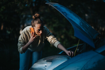 A woman is inspecting her car engine with the hood open while on a phone call, illustrating a...