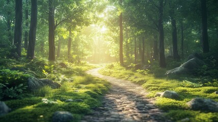 Obraz premium Sunlit Forest Path with Glowing Light and Lush Greenery forest path lush woods trail trees sunlight