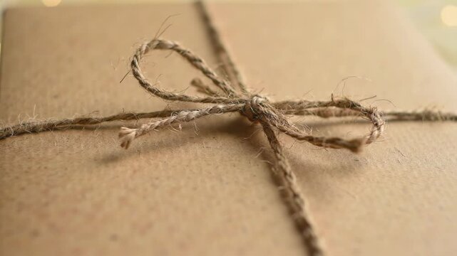 Close up of a wrapped gift with natural twine, soft background light