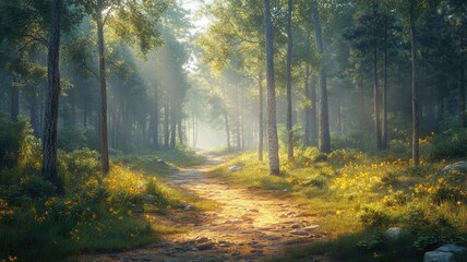 Fototapeta premium Sunlit Path Through Ethereal Forest with Mystical Light Rays forest path ethereal mystical trail pet