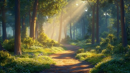 Fototapeta premium Sunlit Forest Path with Glowing Sunbeams forest path sunbeams nature trail woods trees sunlight glow