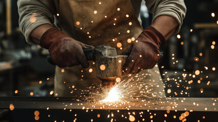 Mid-section of male welder working on a piece of metal in workshop 