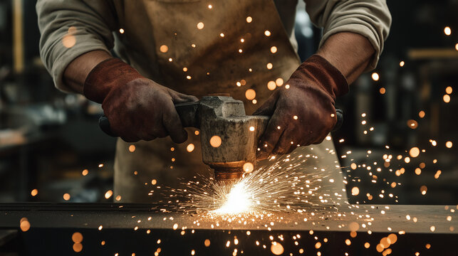 Mid-section of male welder working on a piece of metal in workshop - Powered by Adobe